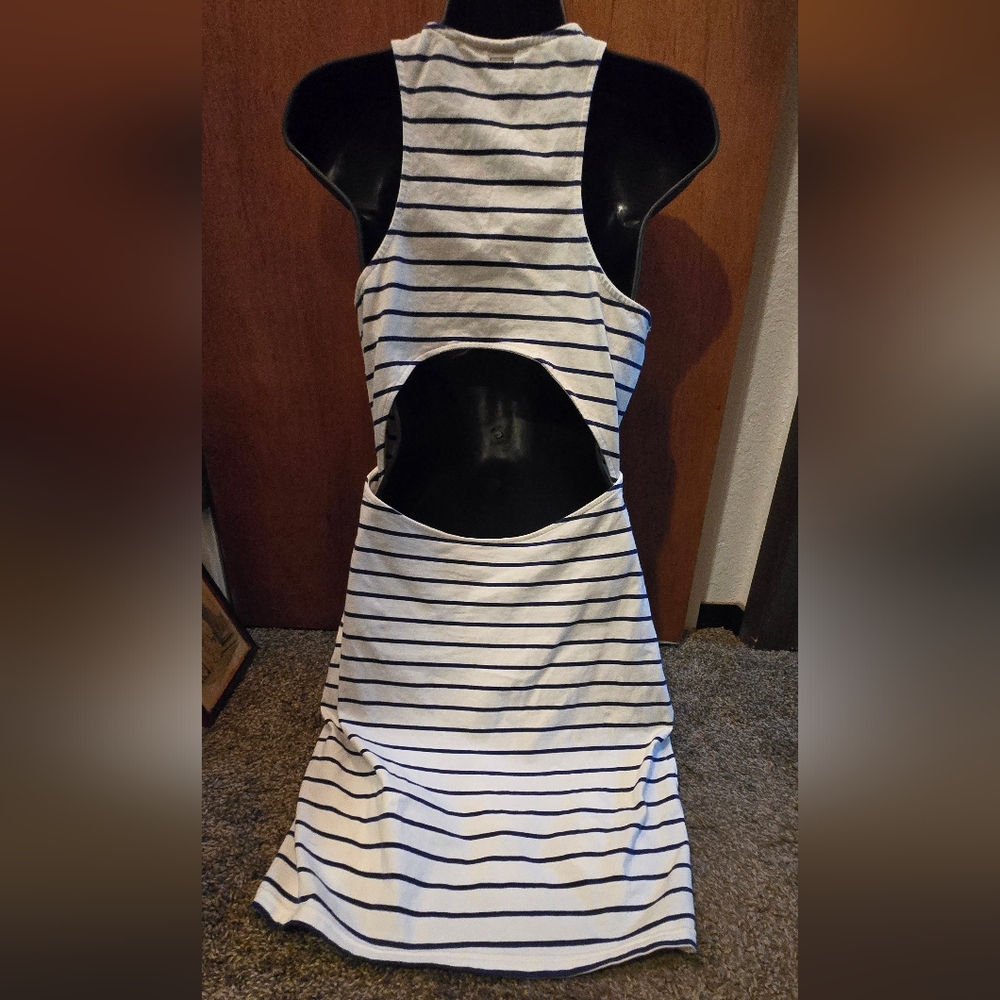 Roxy Blue & White Striped Stretchy Midi Dress SzL - Picture 5 of 8